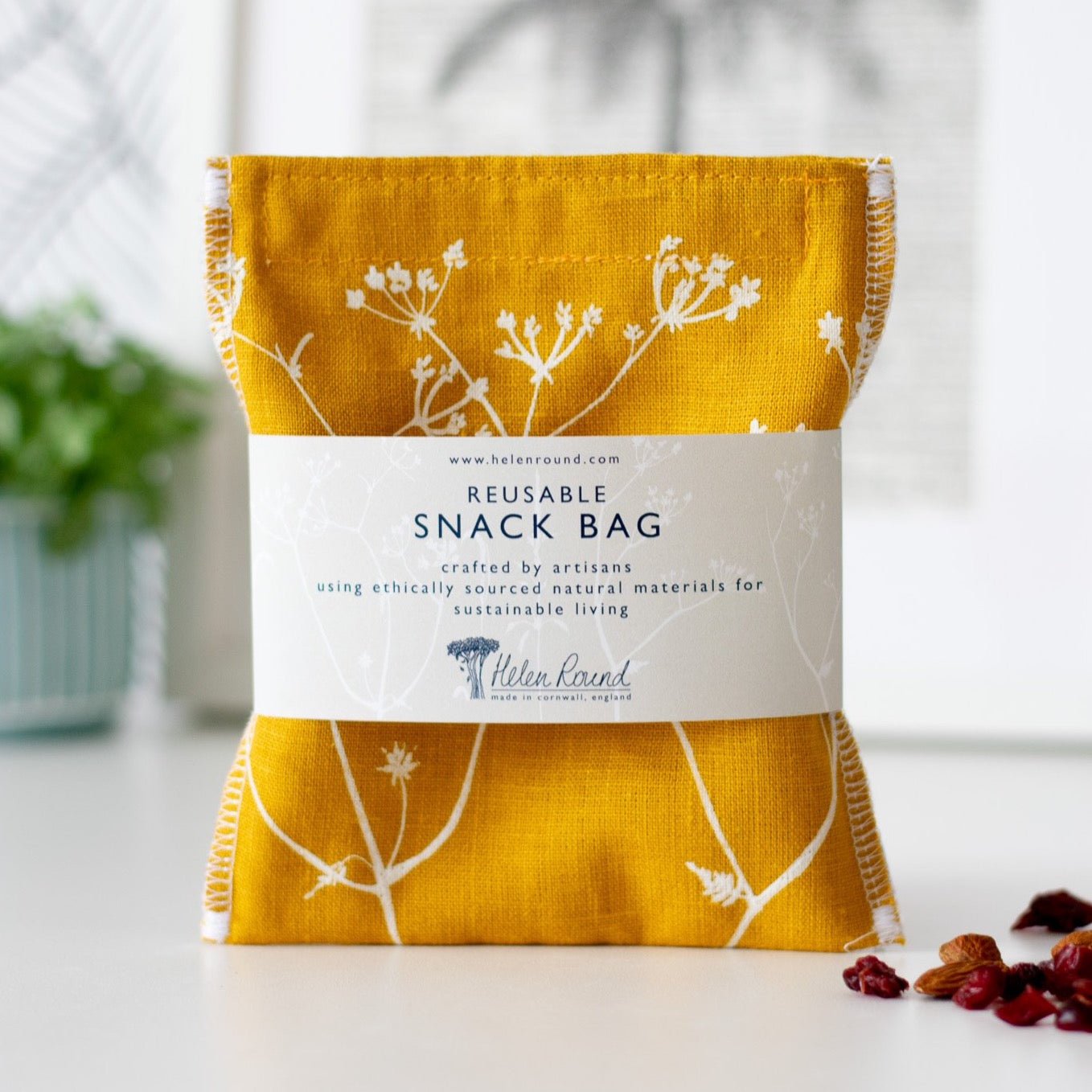 Snack bag, lined with food grade waterproof lining, in mustard linen with hedgerow design
