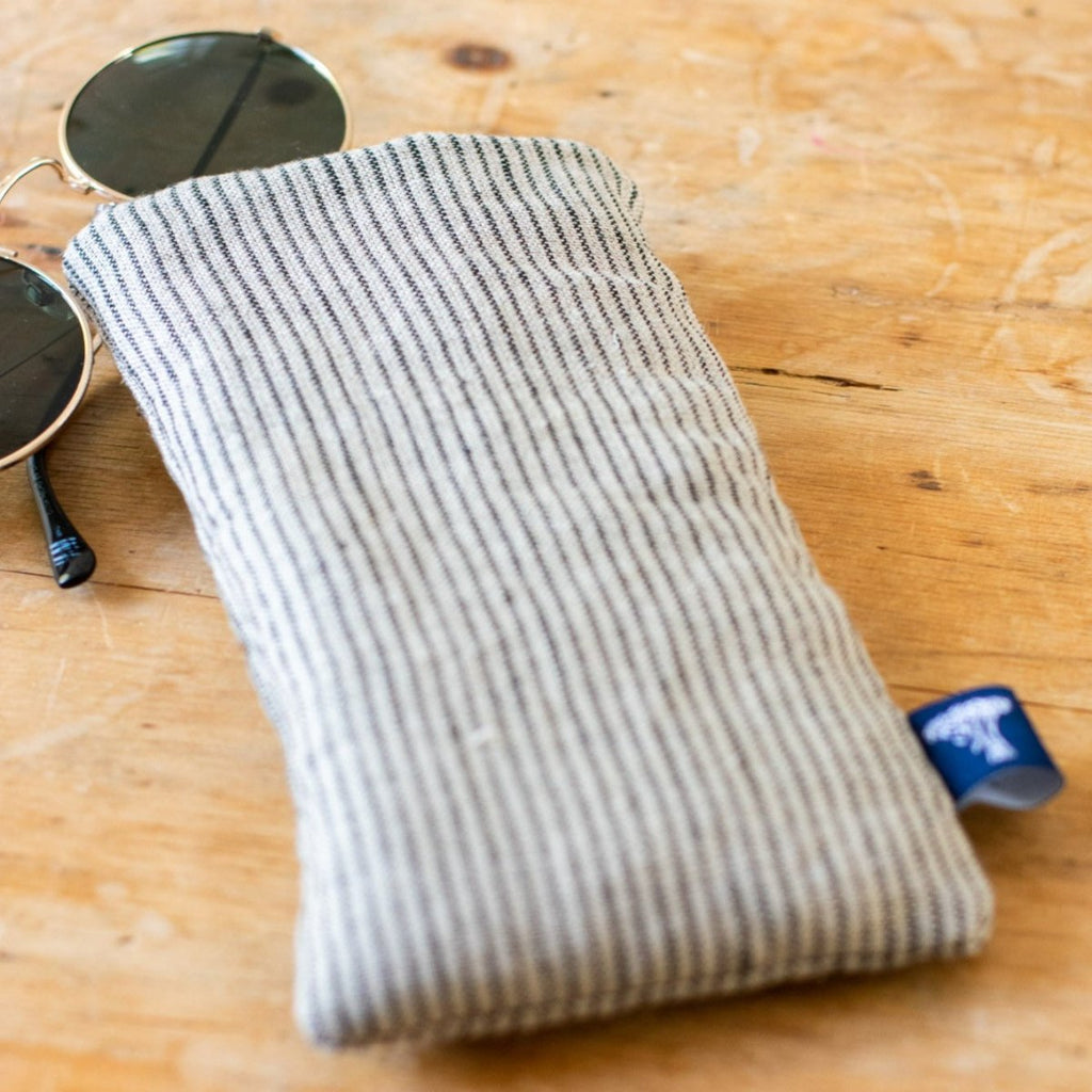 Striped Padded Linen Glasses Case from the Striped Collection by Helen Round in Dark Blue and Natural Fine Striped Linen