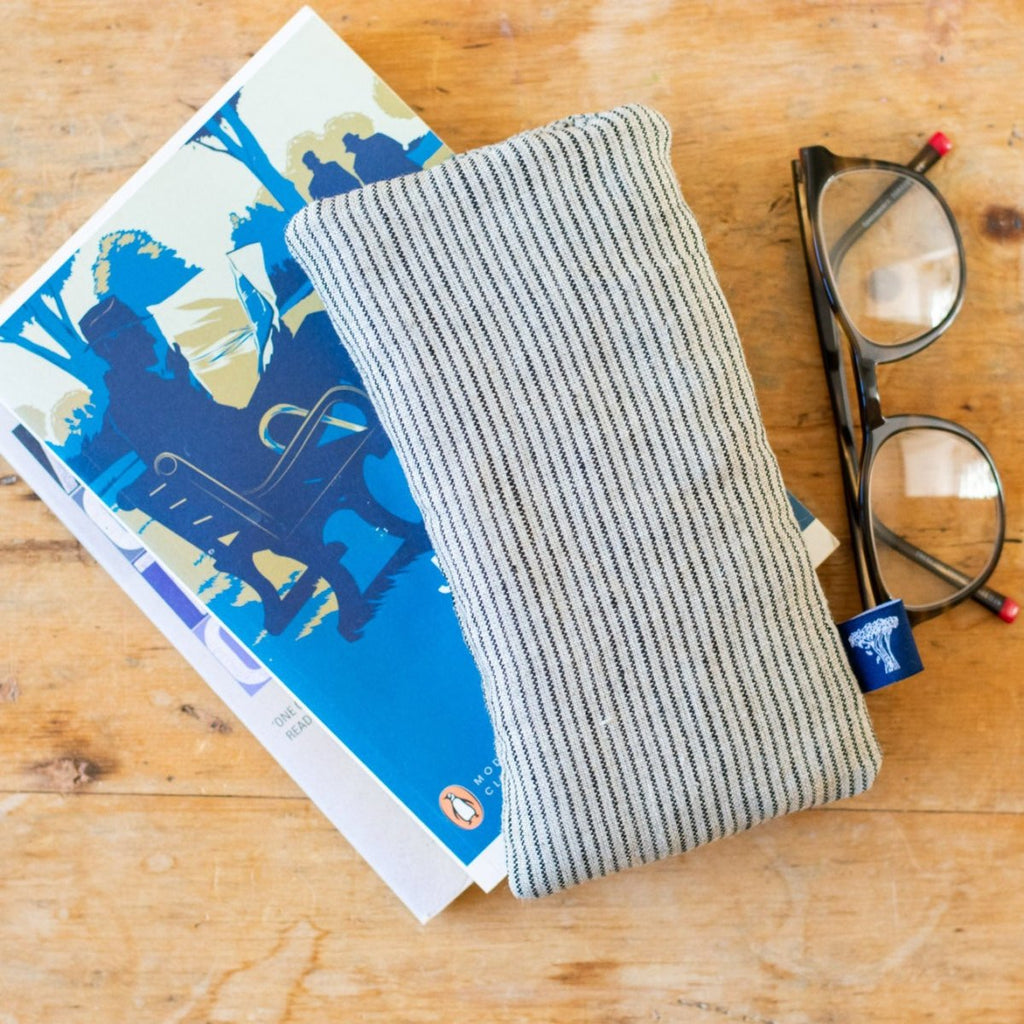 Striped Linen Glasses Case Suitable for Men or Women in Dark Blue /Natural Linen from the Striped Collection from Helen Round