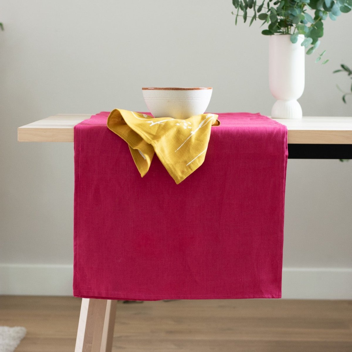 Raspberry red linen table runner from Helen Round
