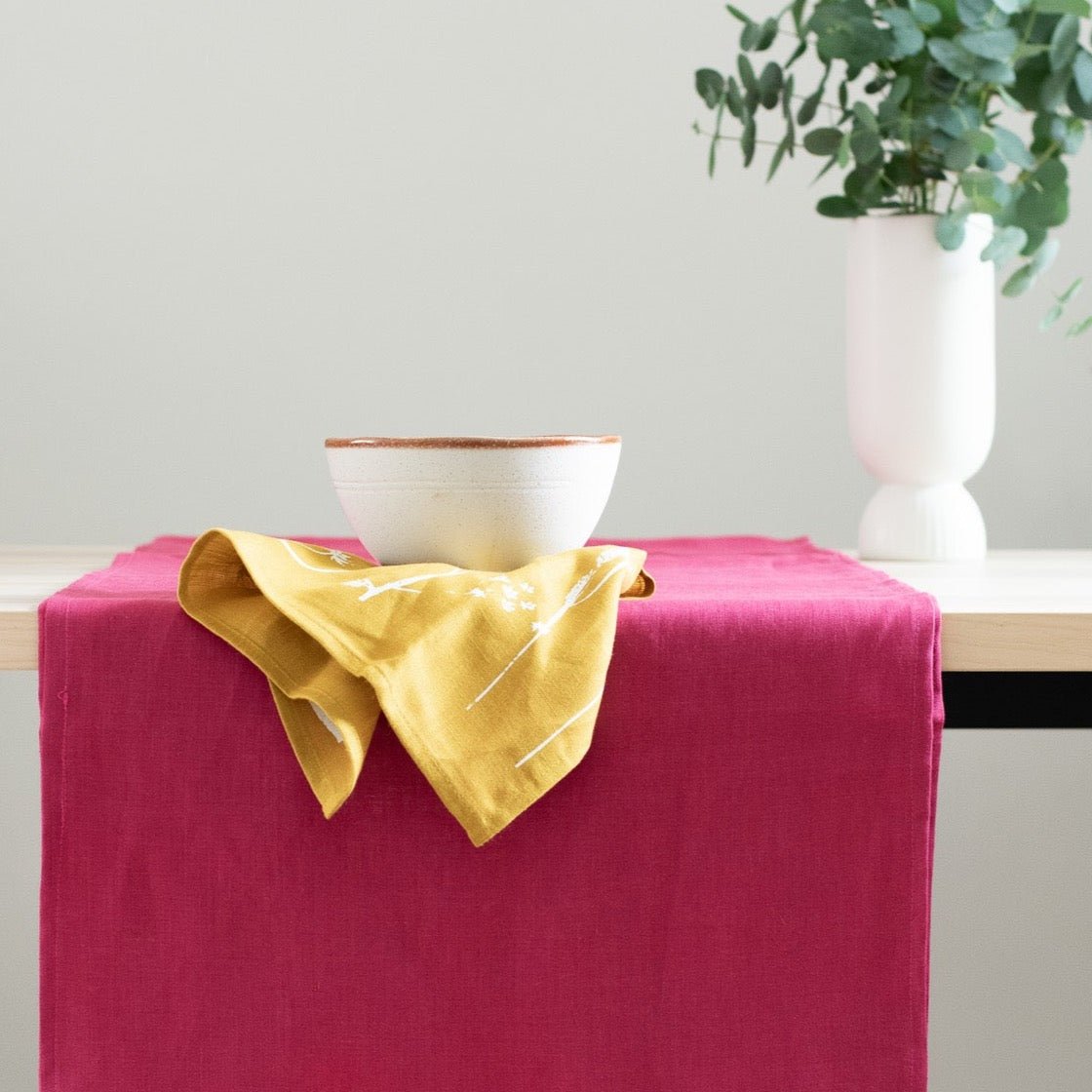 Linen table runner in raspberry red from Helen Round