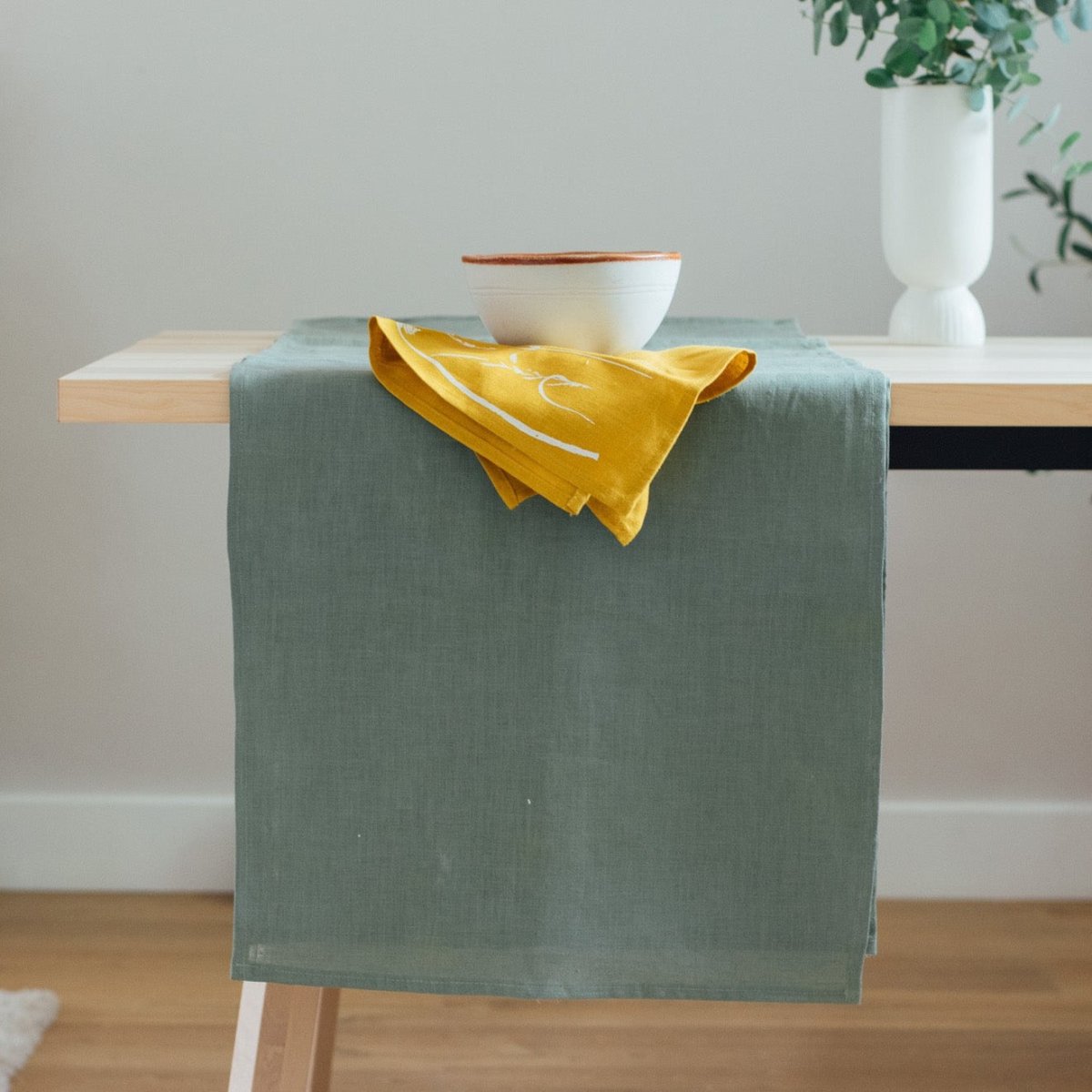 Sage green linen table runner from Helen Round