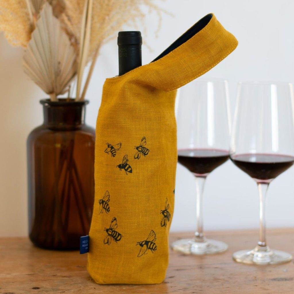 Mustard Linen Bee Bottle Bag from the Honey Bee Collection by Helen Round