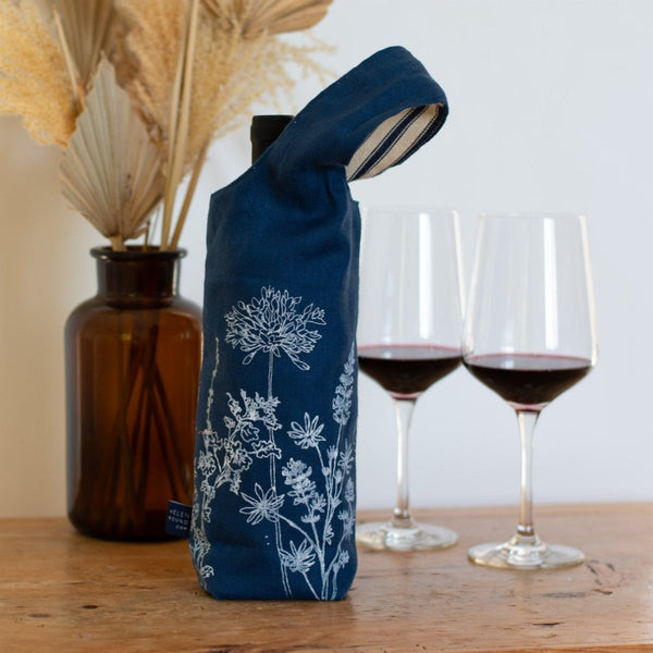 Navy Linen Floral Print Wine Bottle Bag/Tote with Striped Cotton Ticking Lining from Helen Round