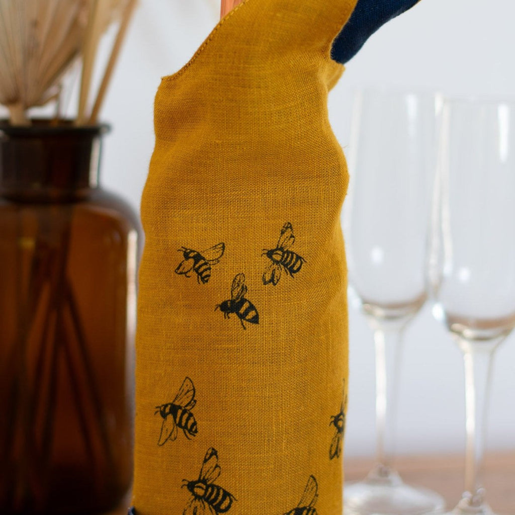 Hand Printed Bees in Close Up on Mustard Linen Bee Bottle Bag from the Honey Bee Collection by Helen Round