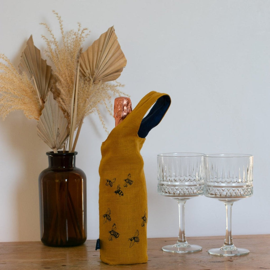 Beautiful Bee Bottle Bag in Mustard Linen with Navy Lining from the Honey Bee Collection by Helen Round
