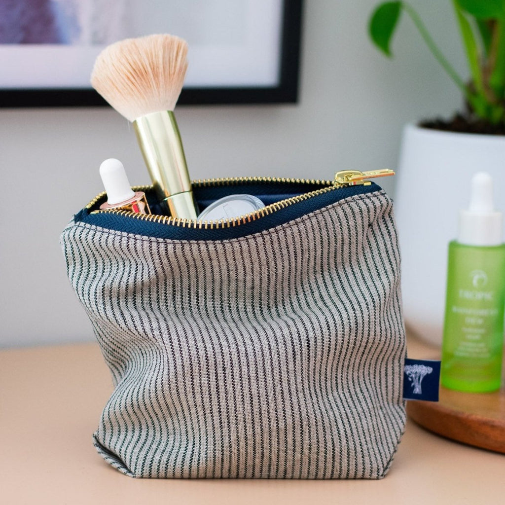 Striped Linen Makeup Bag with Fine Dark Blue and Natural Stripes from the Striped Collection by Helen Round