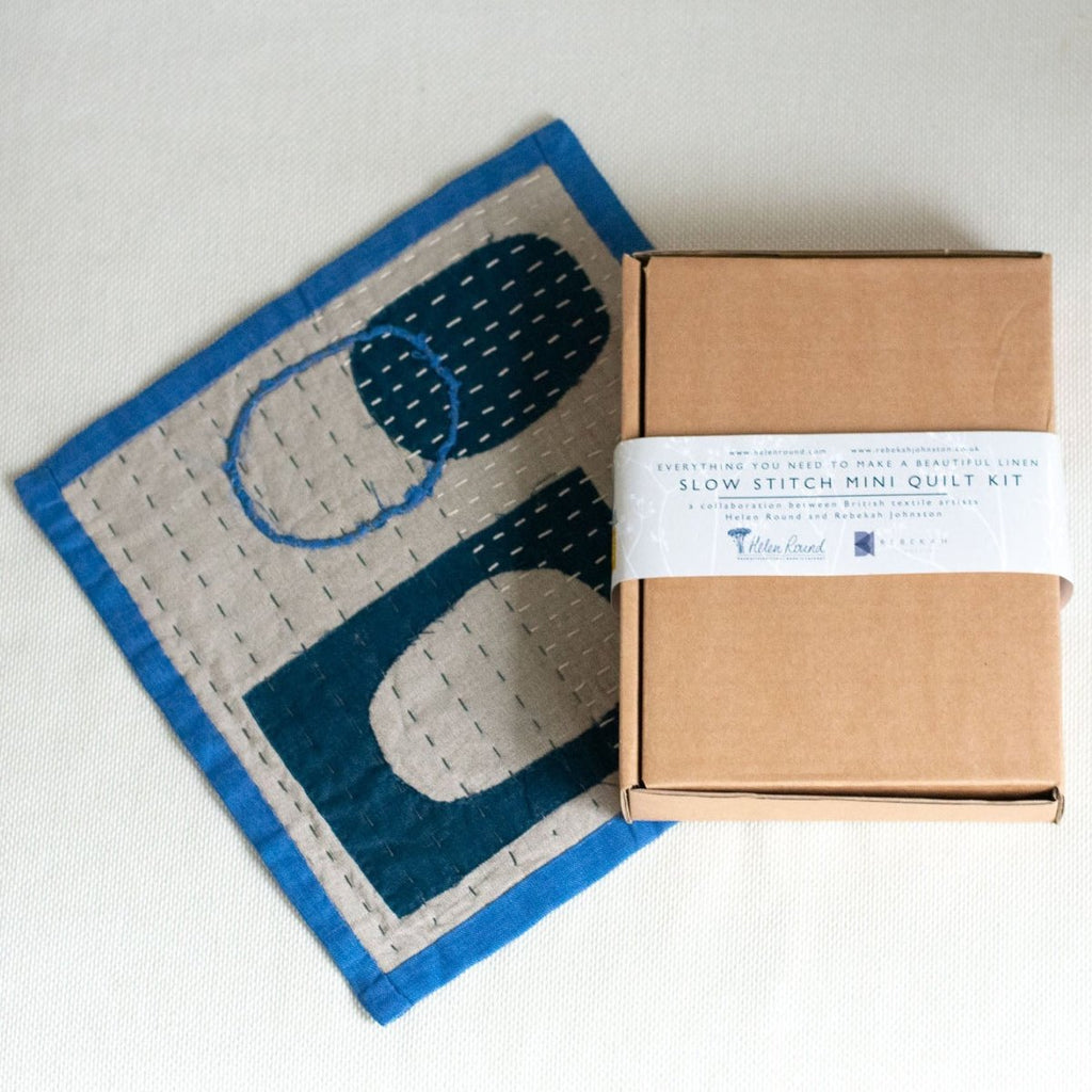 Blue Linen Slow Stitched Mini Quilt Kit by Rebekah Johnston with Helen Round