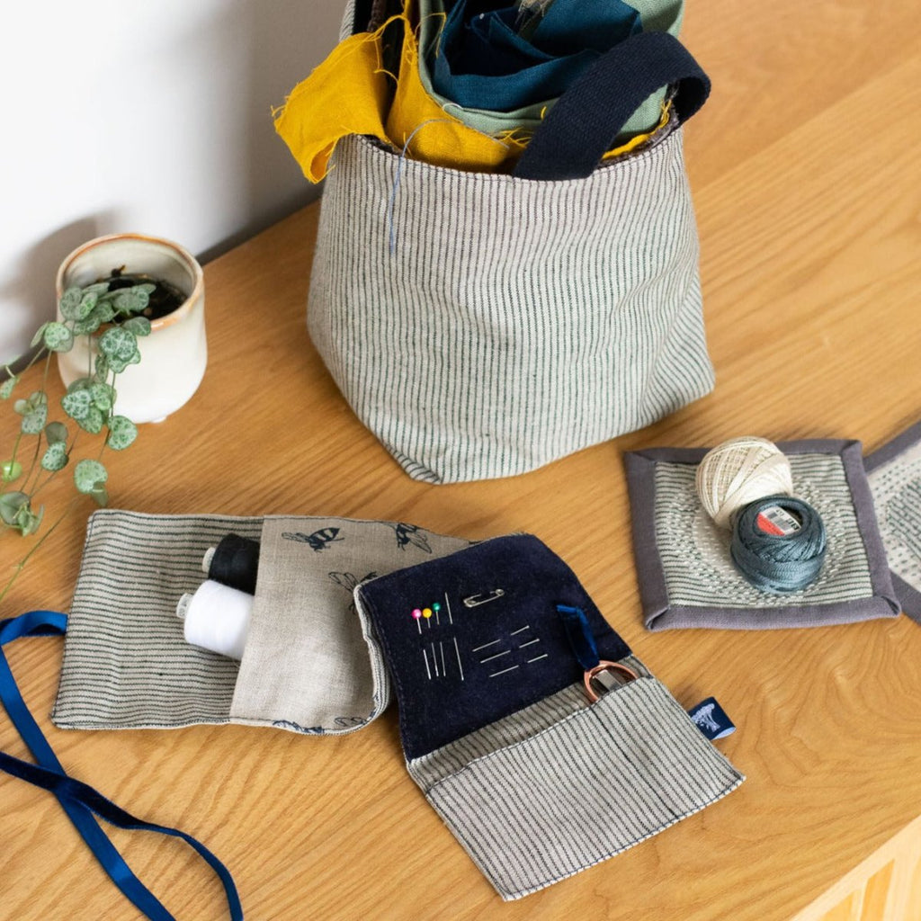 Blue Pin Stripe Linen Foldable Sewing Kit with Quality Notions