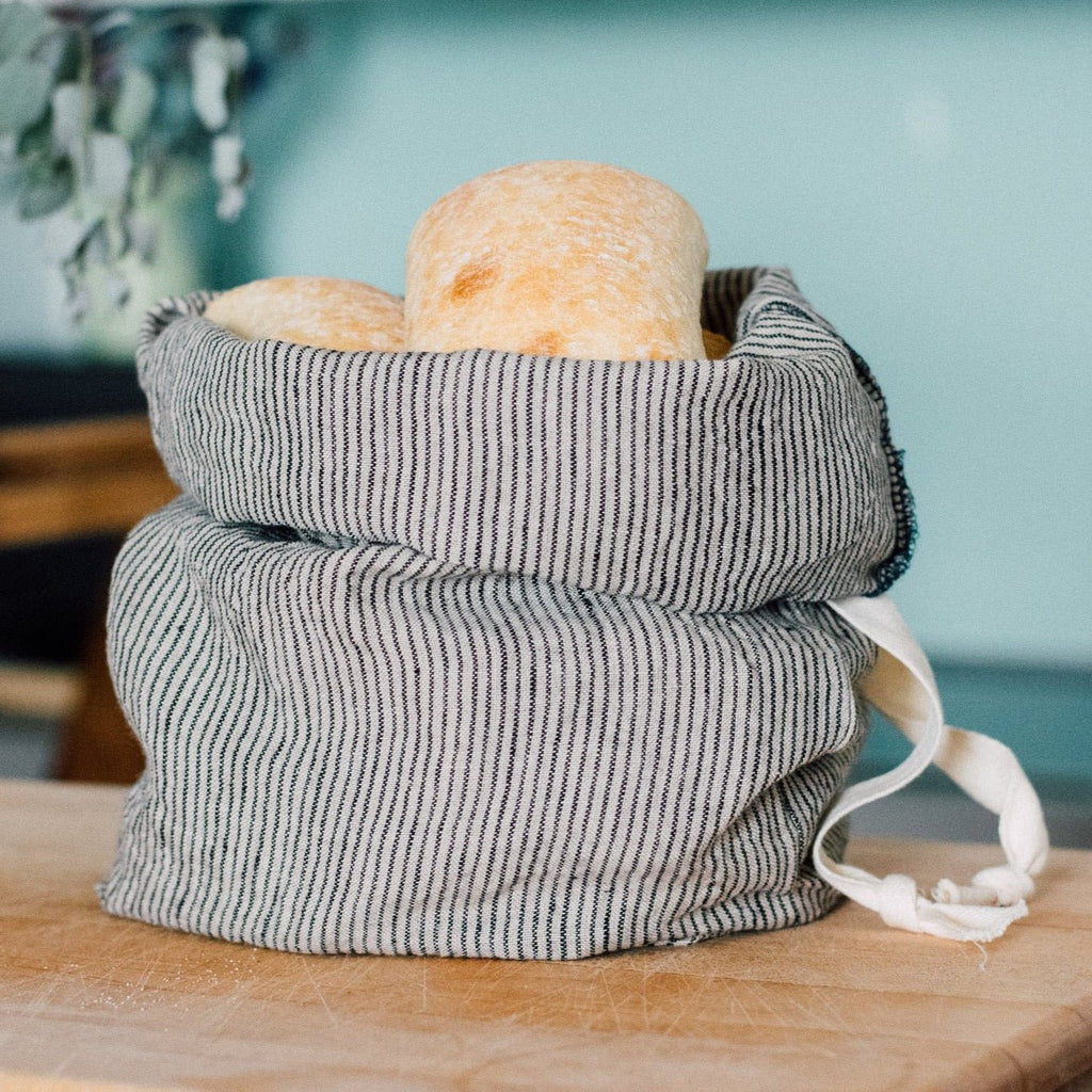 Helen Round Natural Linen Bread Bag with navy stripe and handy tie