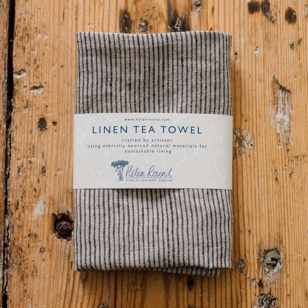 Striped Linen Tea Towel With Dark Blue and Natural Stripes Pure Linen Packaged from Helen Round