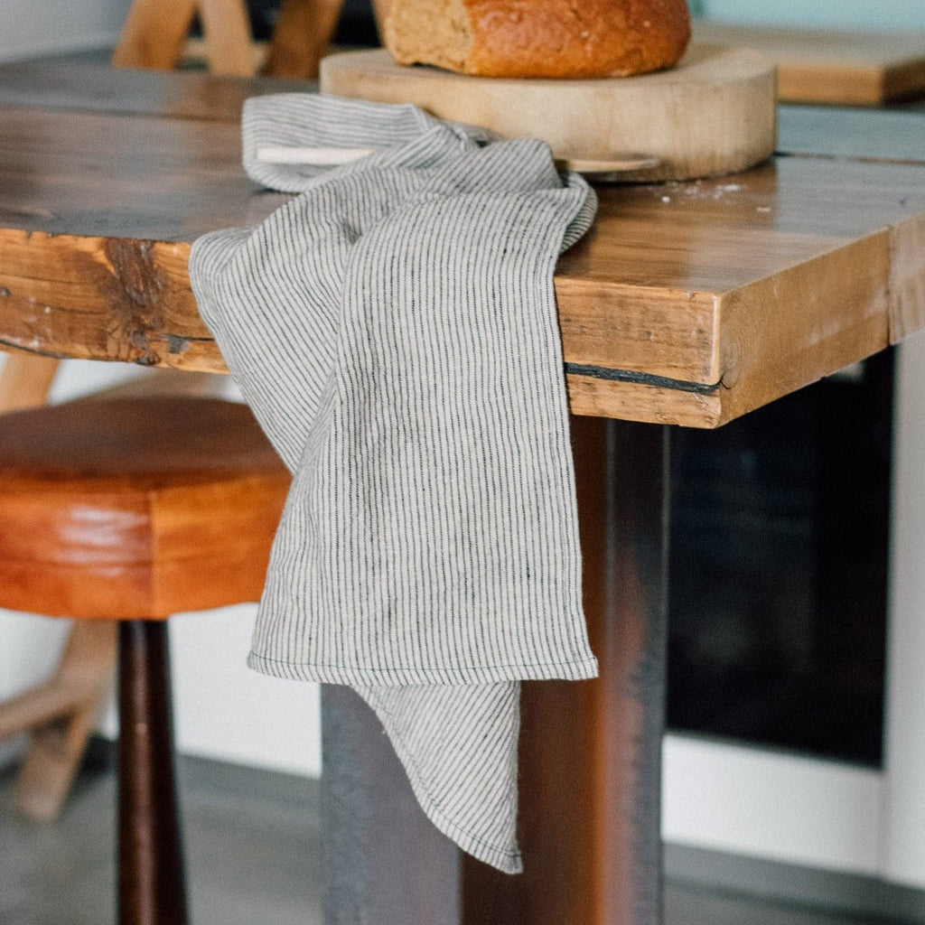 Striped Linen Tea Towel With Navy and Natural Stripes Pure Linen, machine washable