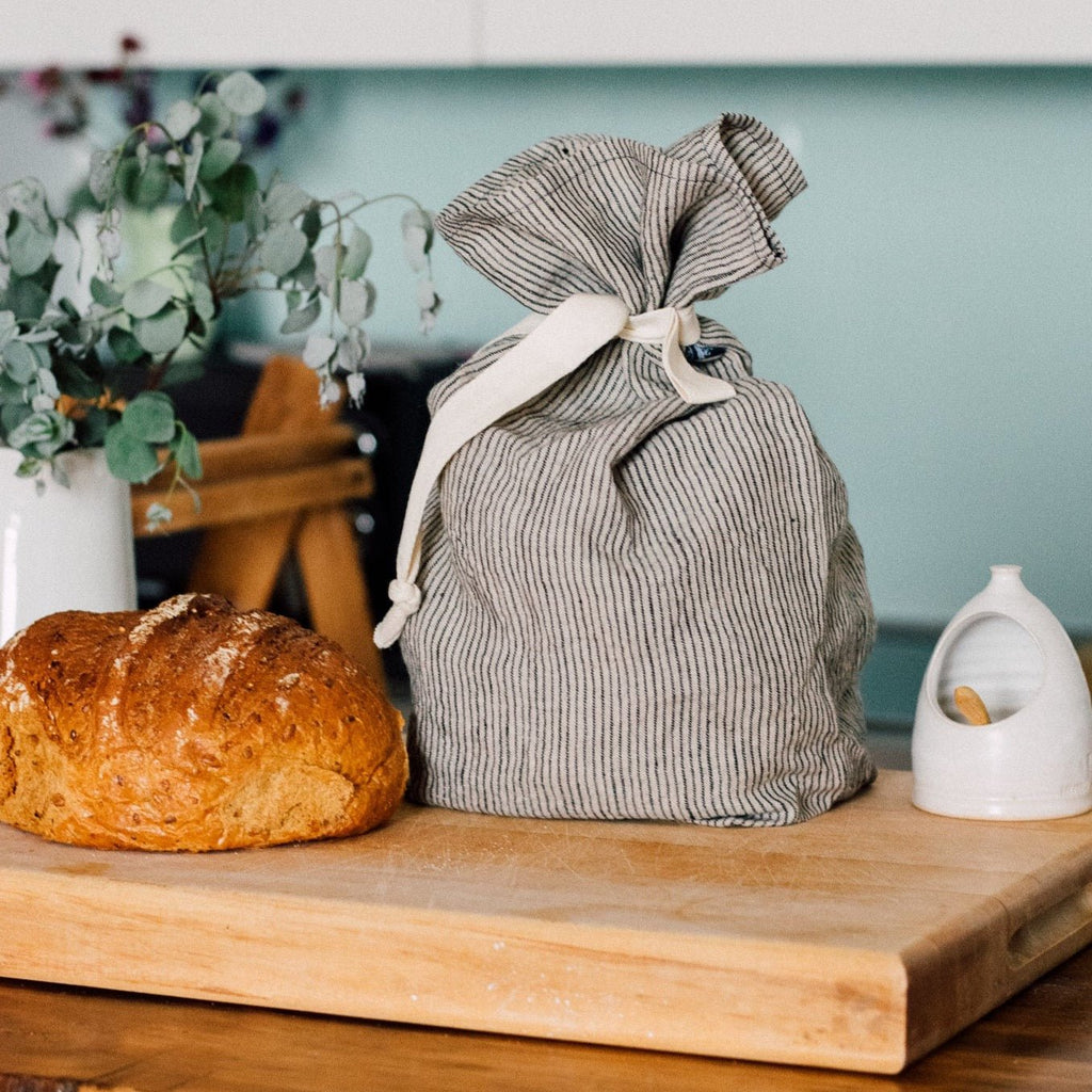 Linen Bread Bag with navy and natural stripe, great for storing sourdough