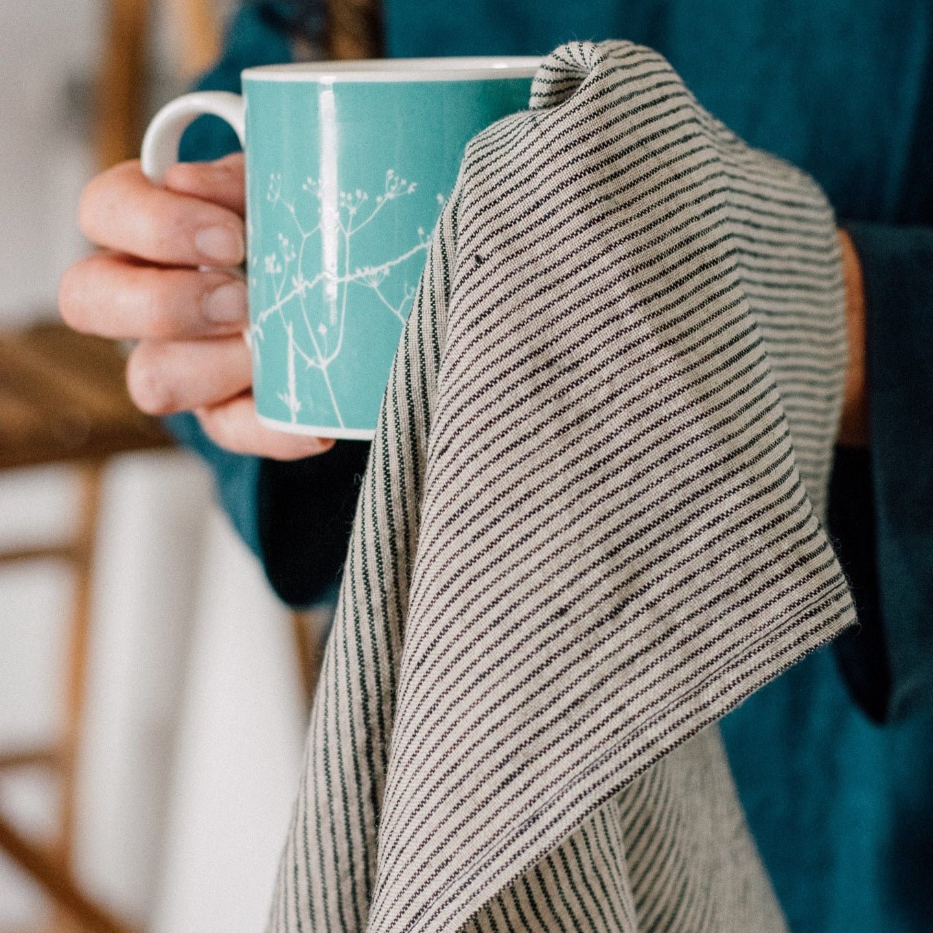 Pure Linen Tea Towel with Navy and Natural Stripes, machine washable