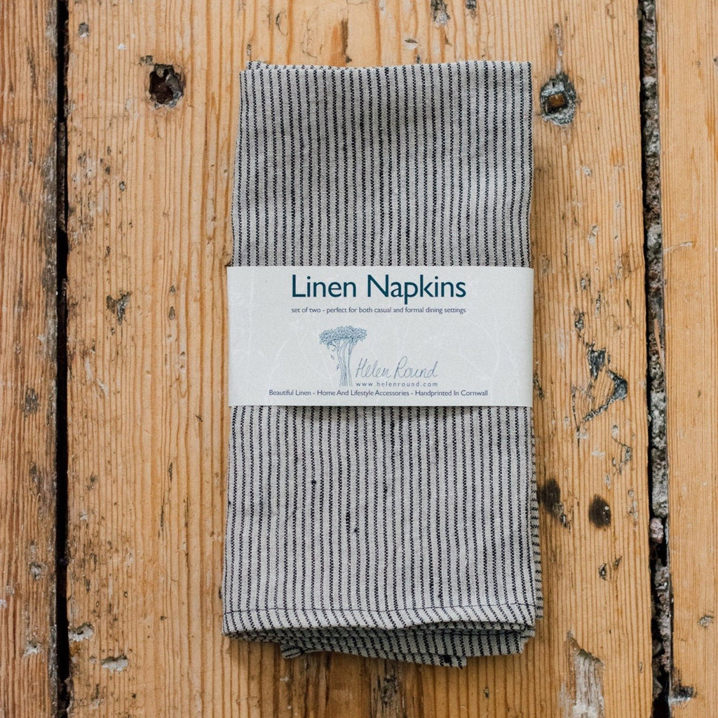Striped Linen Napkins With Dark Blue and Natural Stripe in packaging by Helen Round