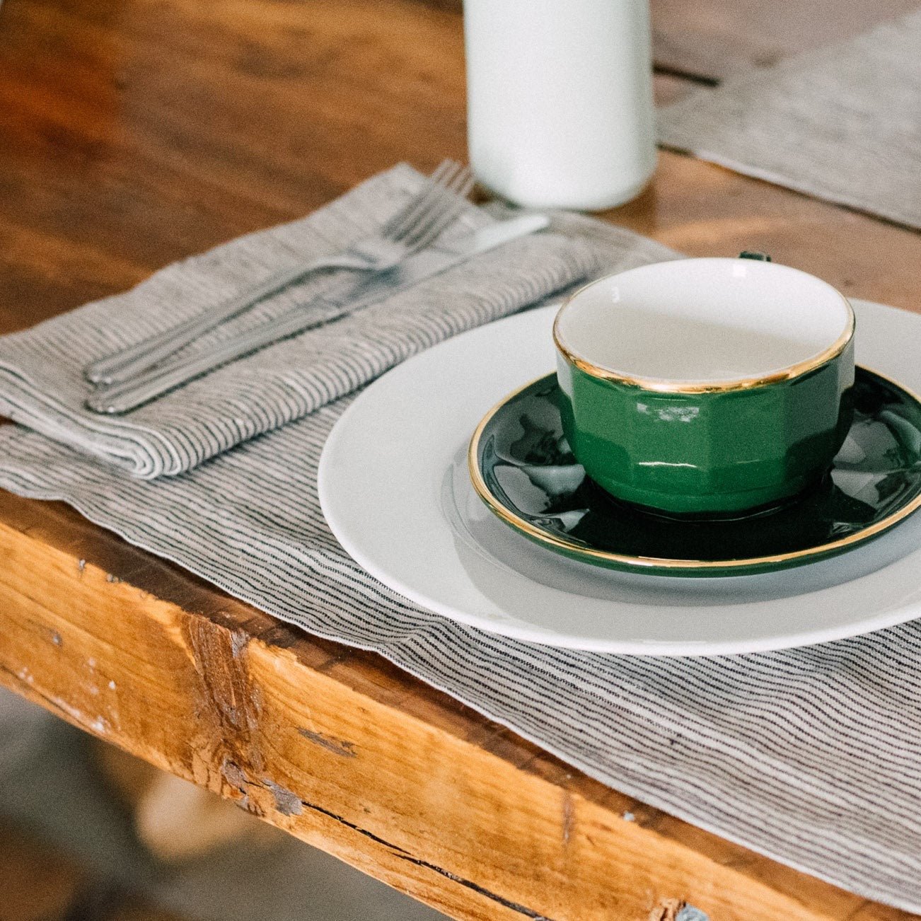 Striped Linen Napkins and Placemat With Dark Blue and Natural Stripe, machine washable, set of two