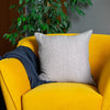 Striped Linen Cushion With navy Stripes on mustard velvet chair with navy blue throw