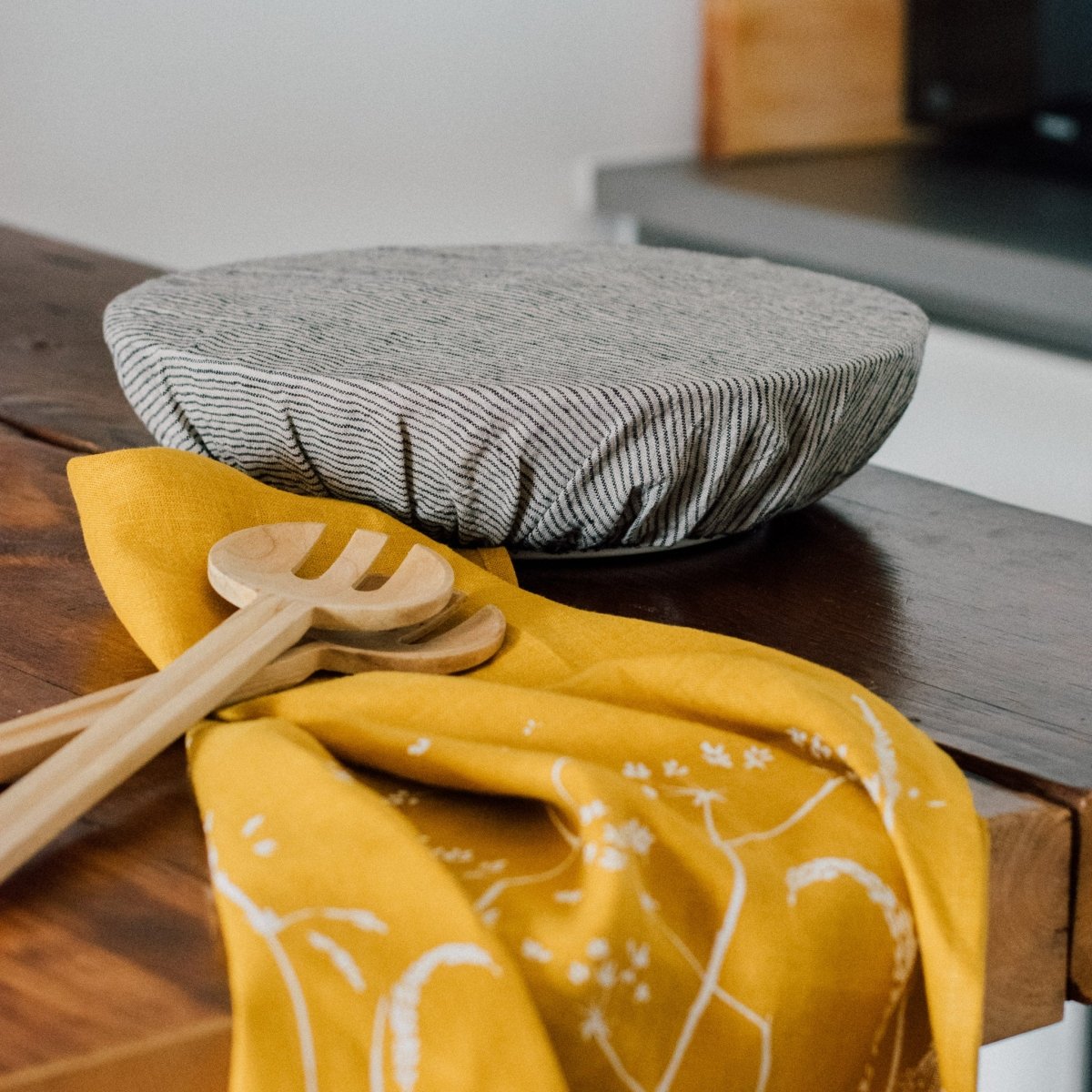 Large Striped Linen Bowl Cover, part of the Bread Makers Bundle with Mustard Tea Towel from Helen Round
