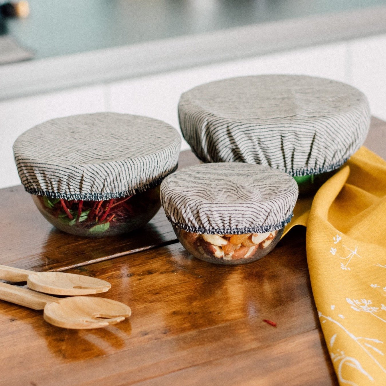 Striped Reusable Linen Bowl Covers, set of three with a navy and Natural Stripe