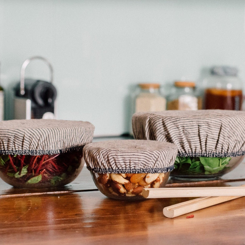 Linen Bowl Covers Dark Blue and Natural Stripes Reusable and washable, set of three sizes