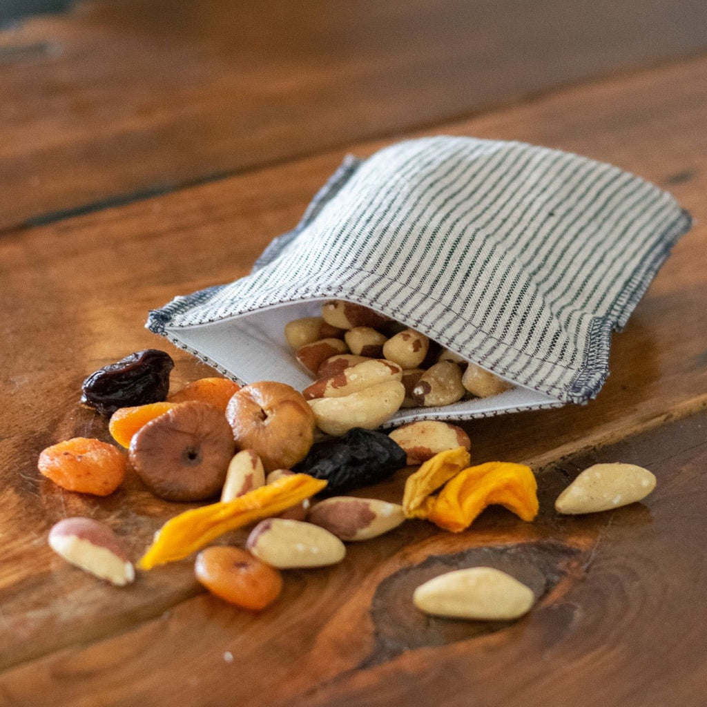 Reusable Linen Snack Bag Dark Blue & Natural Stripes, perfect for nuts, seeds, dried fruit and snacks