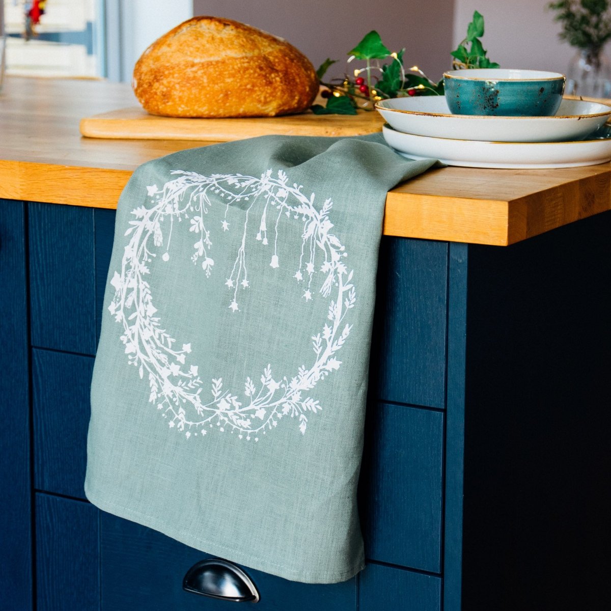 sage green linen christmas tea towel