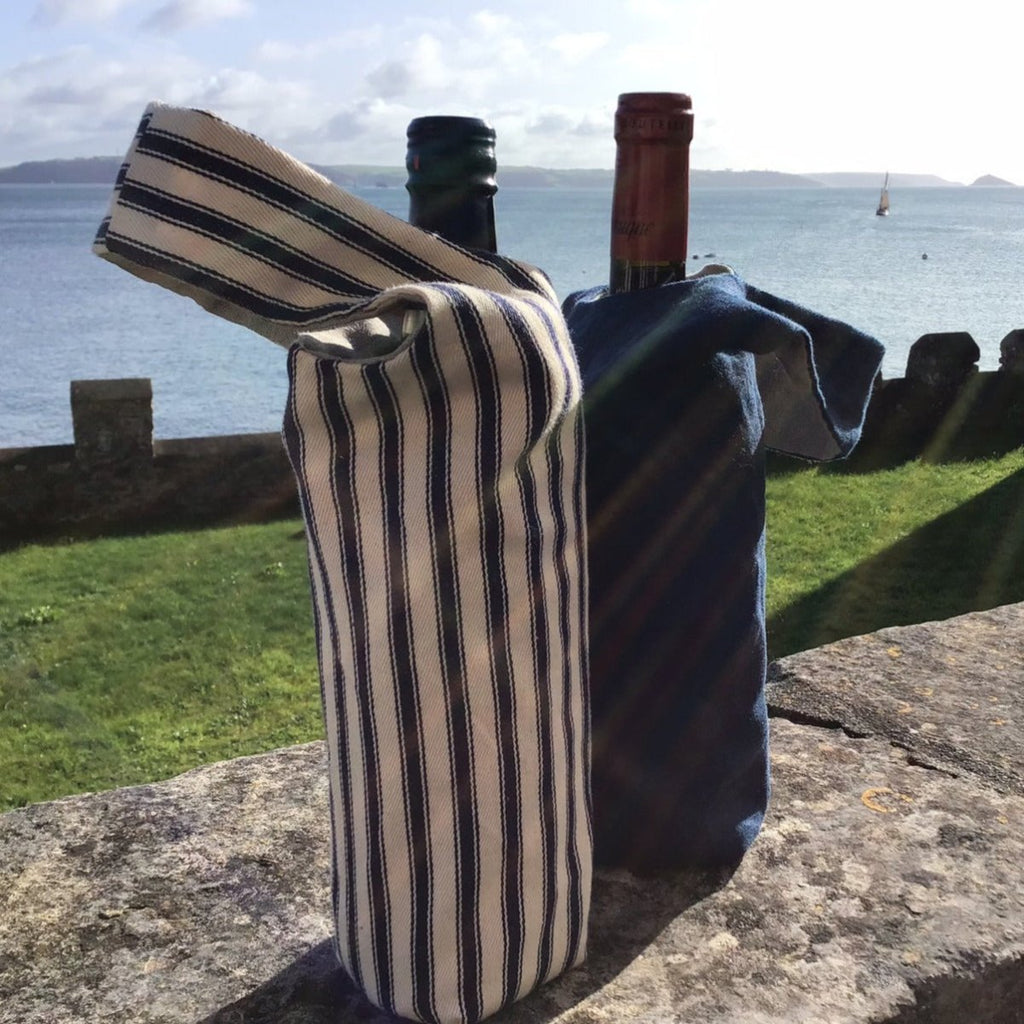 DIY Bottle Bag Pattern with Striped Ticking and Navy Linen from Helen Round