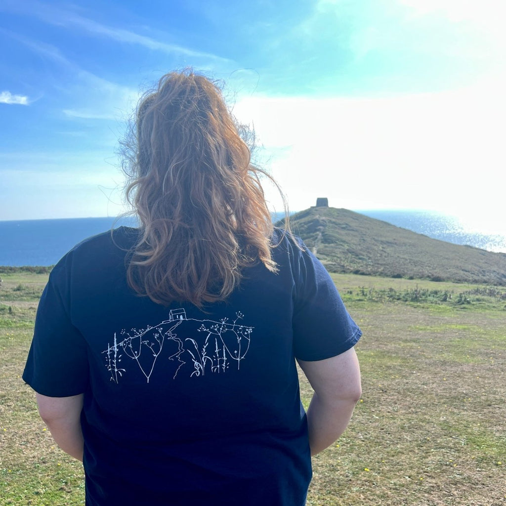 Rame Head Design on Navy Organic Cotton T Shirt with Rame Head Chapel in the background