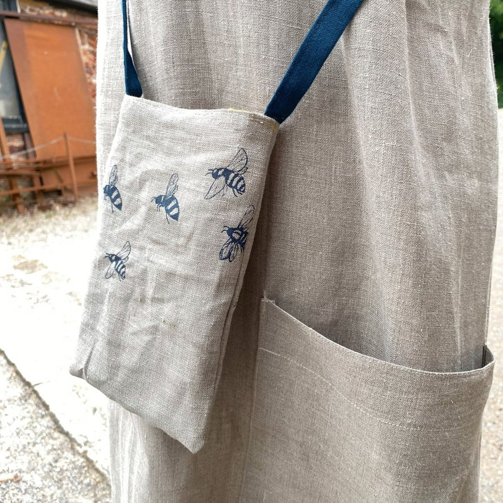 Bee Phone Pouch Case With Dark Blue Linen Strap, DIY project using free sewing pattern from Helen Round