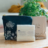 Navy Linen Floral Makeup Bag with Citrus & Sea Salt Soap and Bamboo Face Cloth from Helen Round