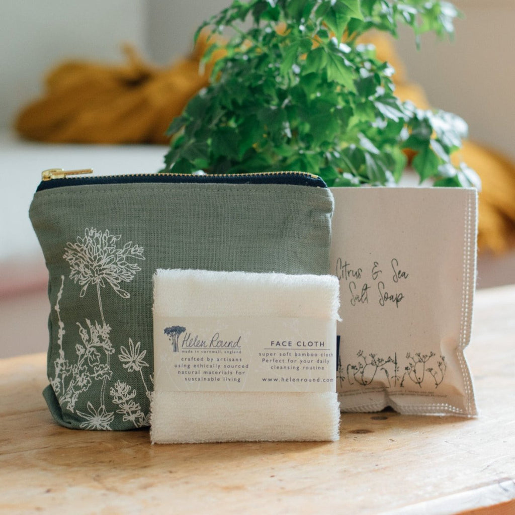 Sage Green Floral Linen Makeup Bag, Bamboo Face Cloth and Citrus & Sea Salt Soap from Helen Round