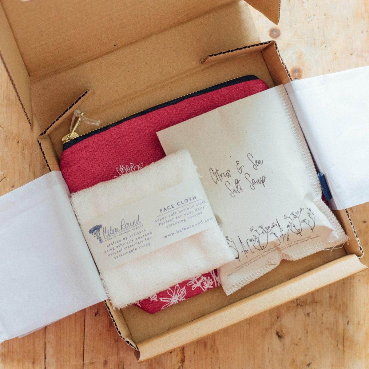 Raspberry Red Linen Makeup Bag Gift Set with Bamboo Face Cloth and Soap from Helen Round