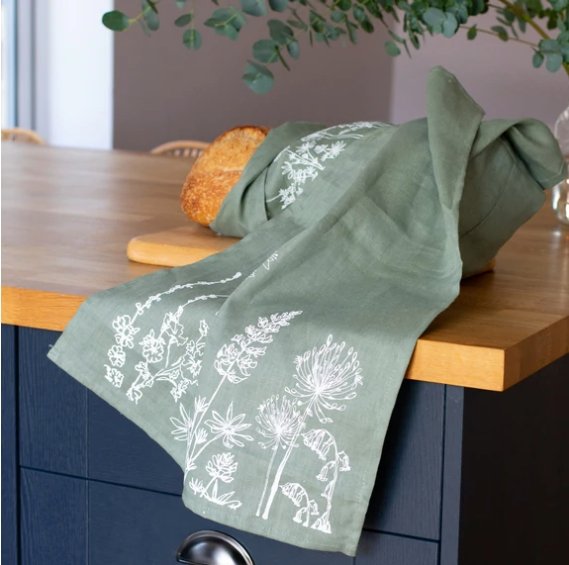 Linen Tea Towel Pure Linen Garden Design - Seconds - Helen Round - Sage green - Seconds & End Of Lines