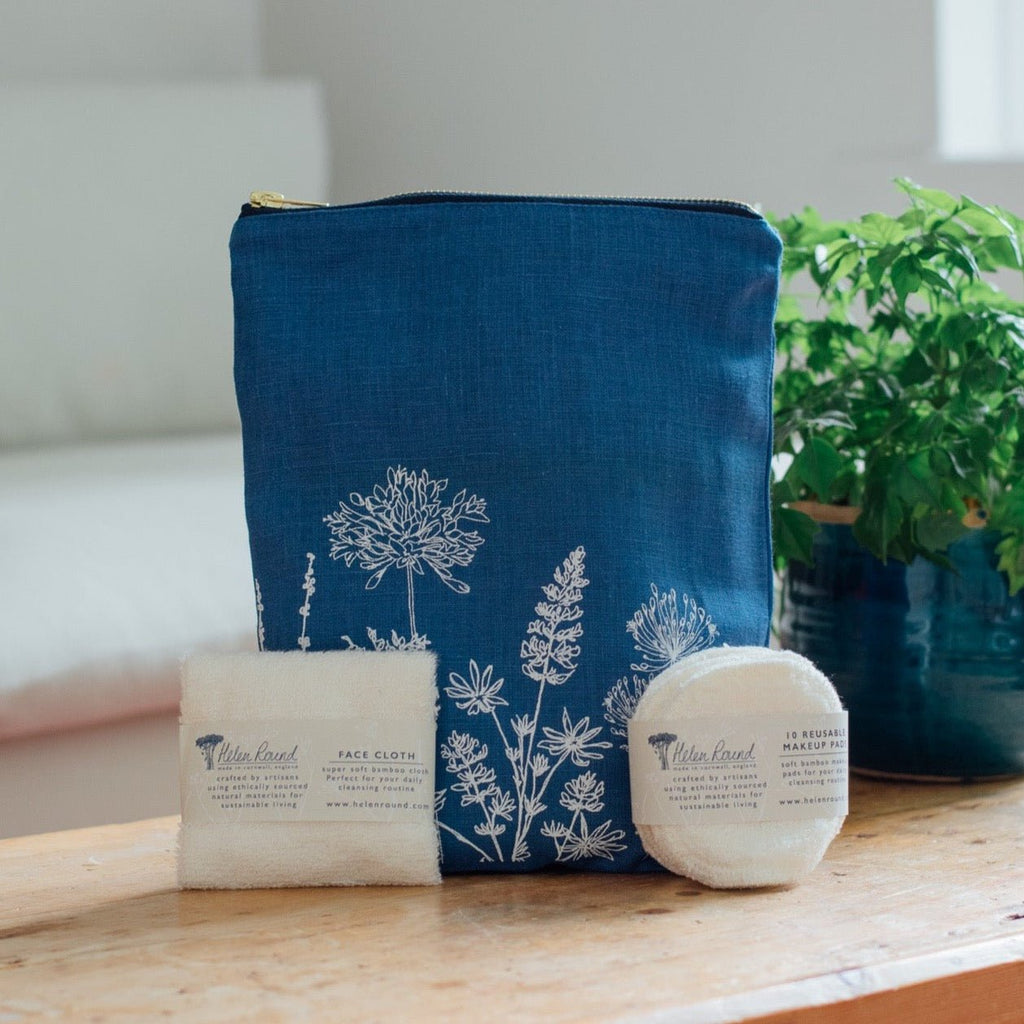 Indigo Linen toiletry bag gift box with bamboo face cloth and bamboo face wipes and soap bar