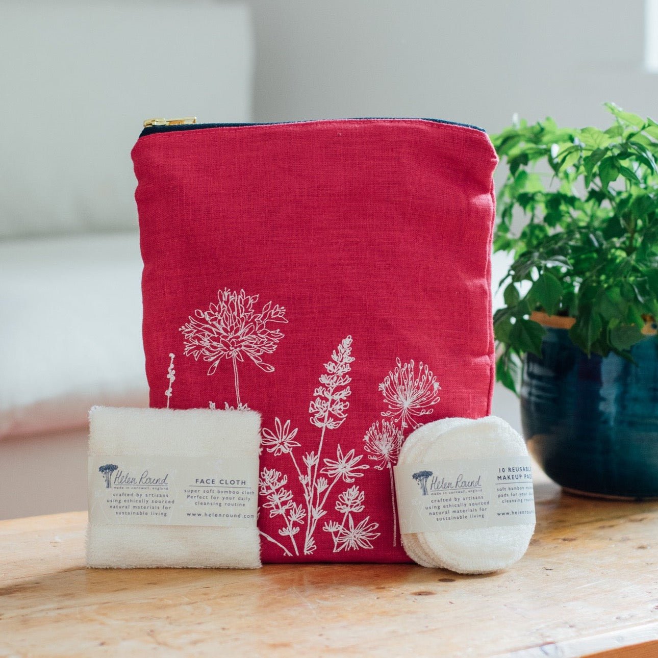 Raspberry red Linen toiletry bag gift box with bamboo face cloth and bamboo face wipes and soap bar