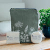 Sage green Linen toiletry bag gift box with bamboo face cloth and bamboo face wipes and soap bar