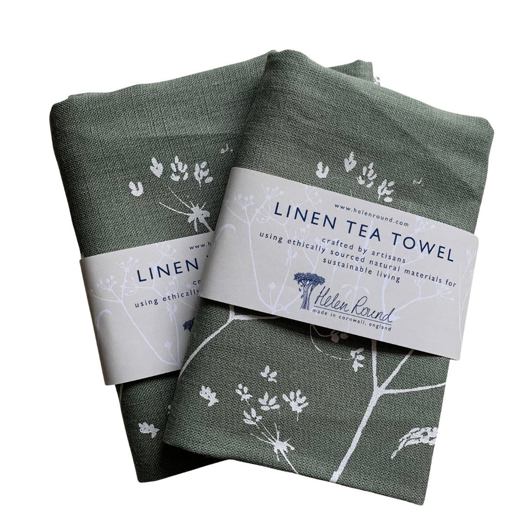 Sage Green Linen Tea towel, Hand printed, with hedgerow flowers. Made in Cornwall By Helen Round