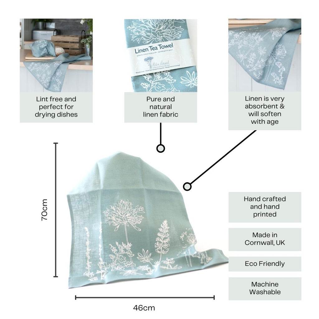 Infographic of Duck Egg Blue Linen Floral Tea Towel with from the Garden Collection by Helen Round