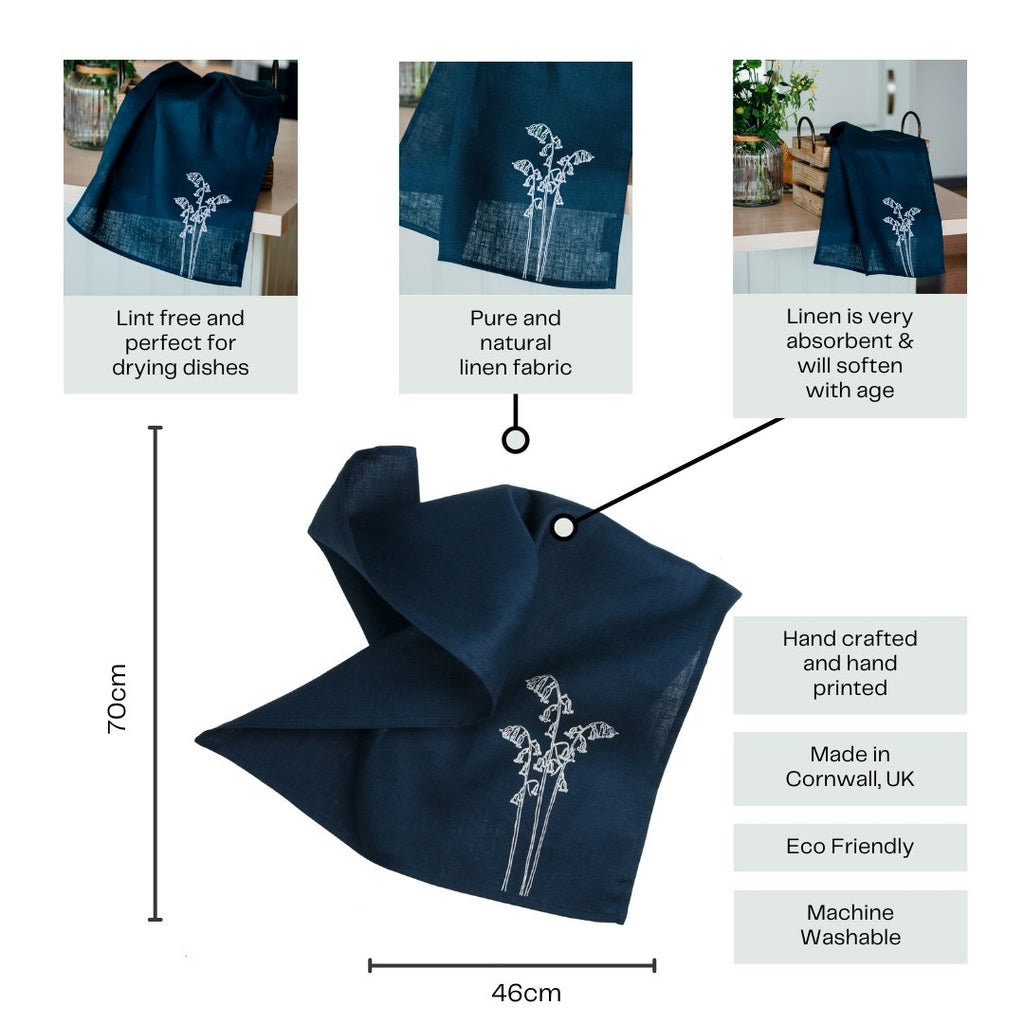 Infographic of Navy Blue Linen Tea Towel from the Bluebell Collection by Helen Round