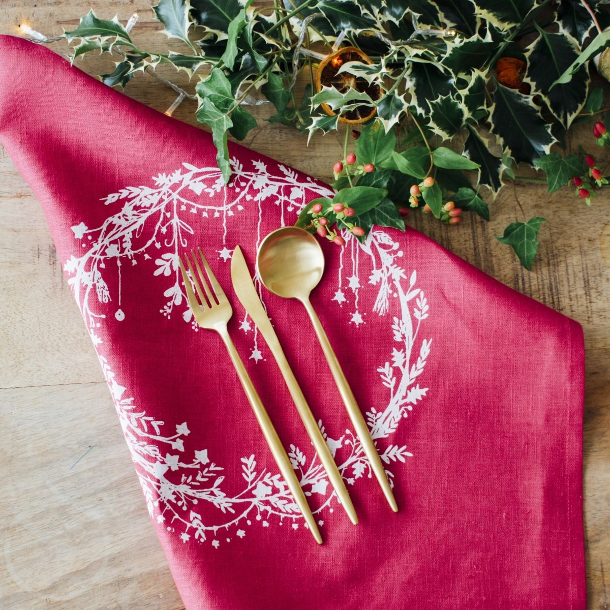 christmas napkins raspberry red pure linen colour holly ivy design