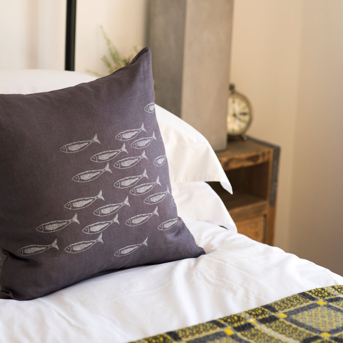 fish cushion grey linen silver fish 48cm x 48cm