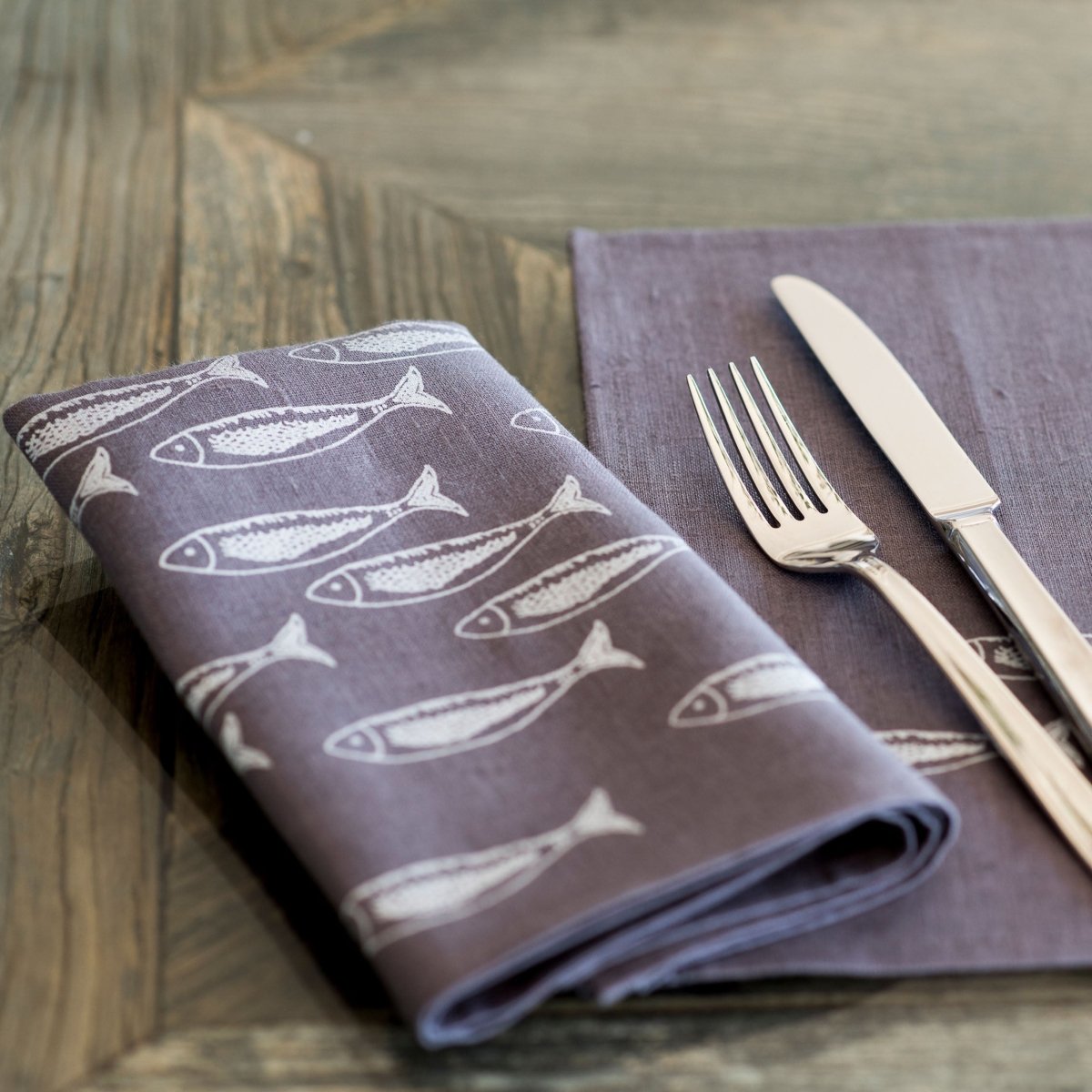 fish napkins grey linen sparkly shoal cornish fish
