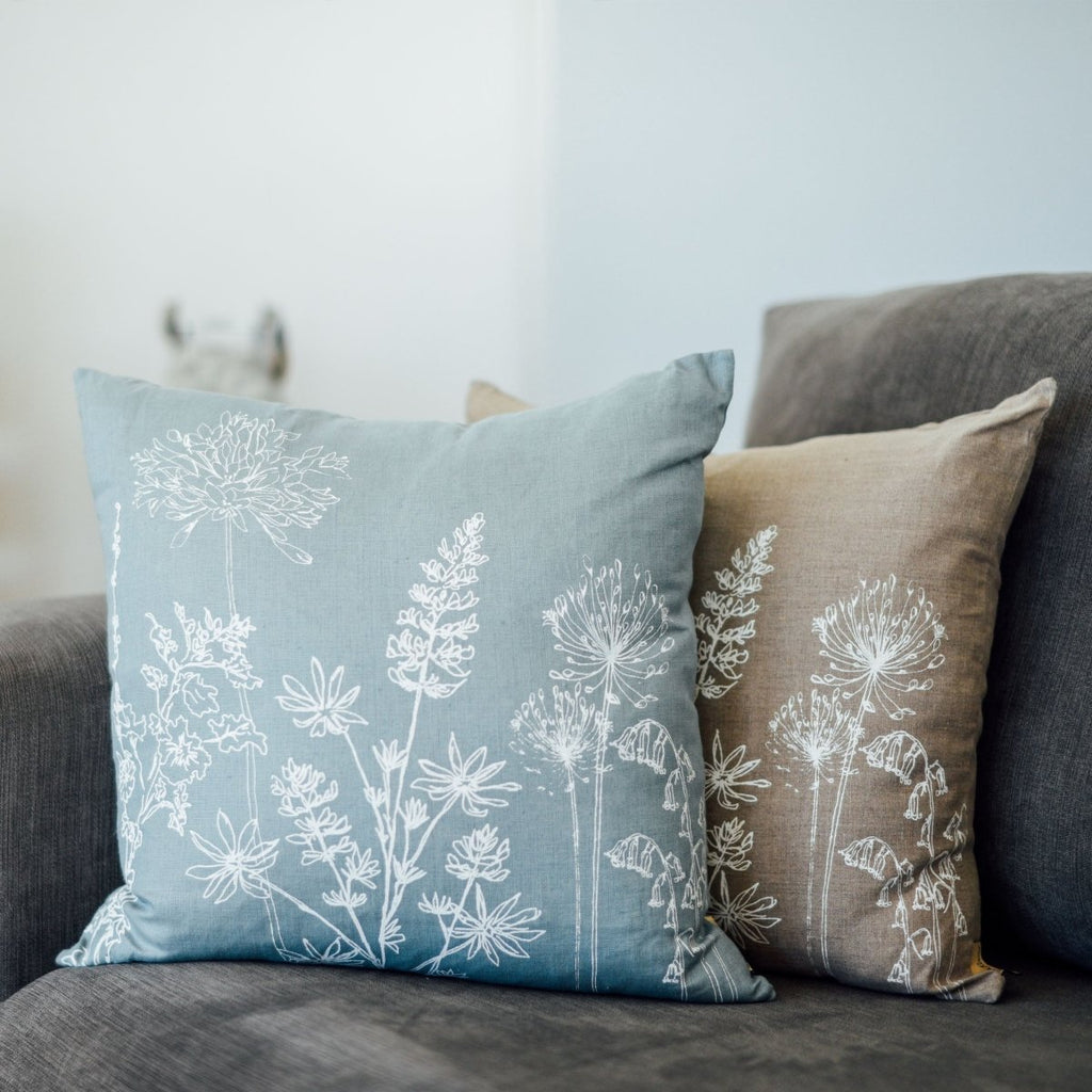 floral linen cushion 46x46cm natural duck egg blue linen feather cushion