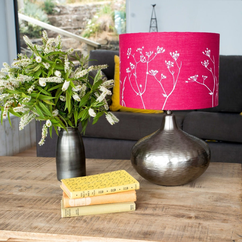 30cm hedgerow collection linen lampshade in the colour raspberry red with a white print