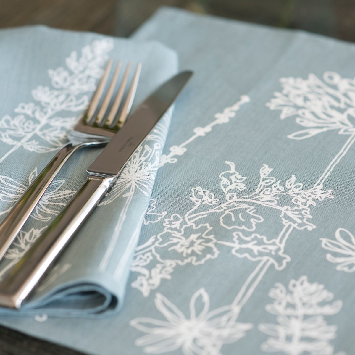 linen napkins flower design duck egg blue