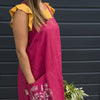 red linen long apron printed pocket flowers