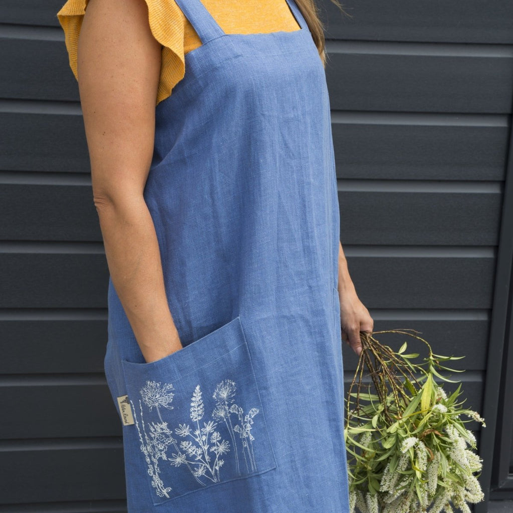 blue linen apron made in cornwall