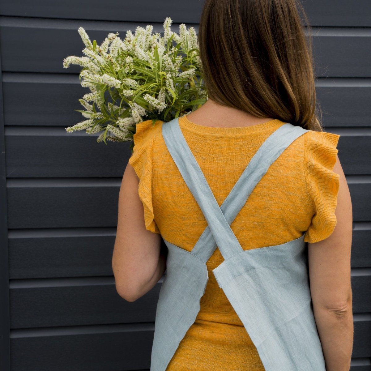 Duck Egg Blue apron with cross over straps