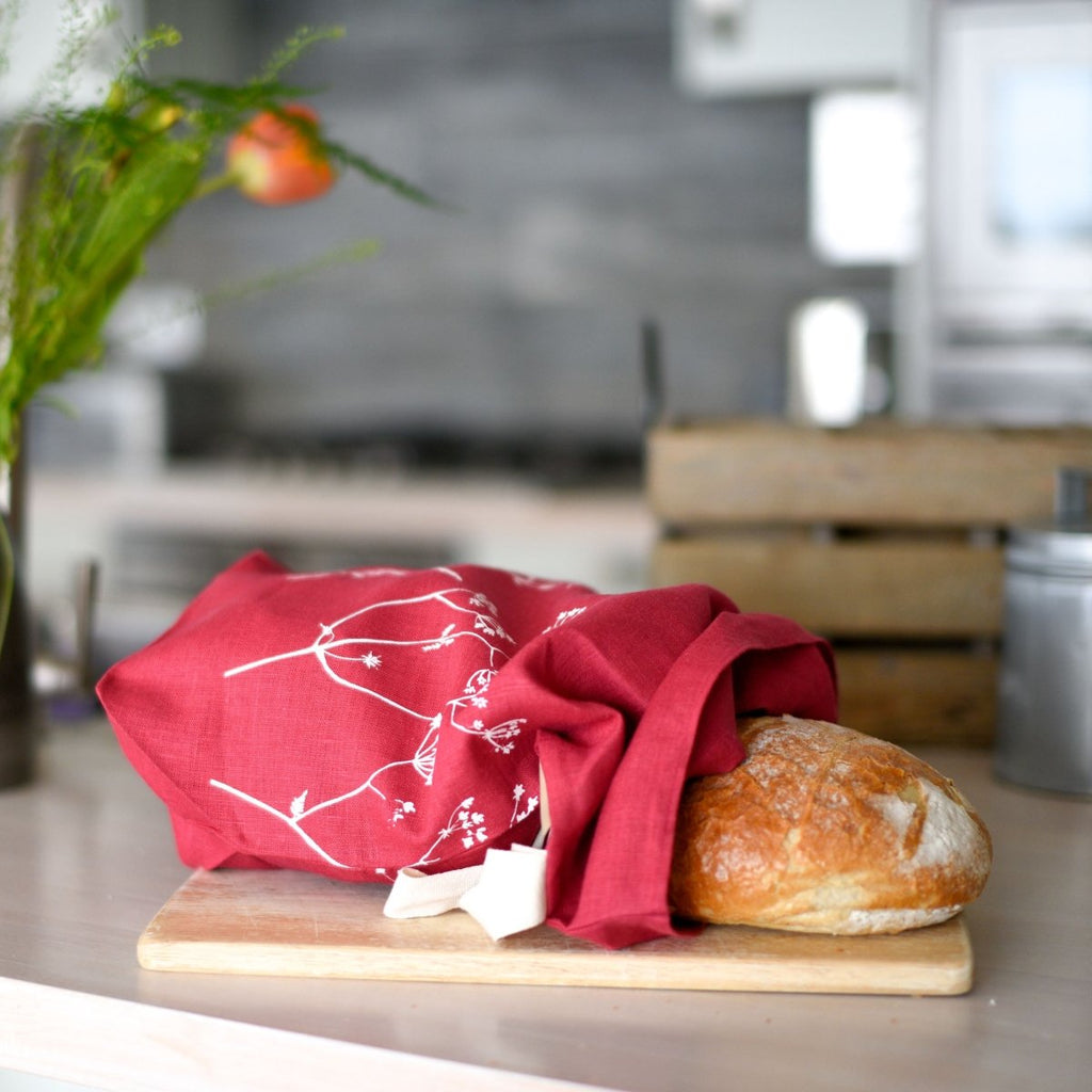 linen bread bag raspberry hedgerow design