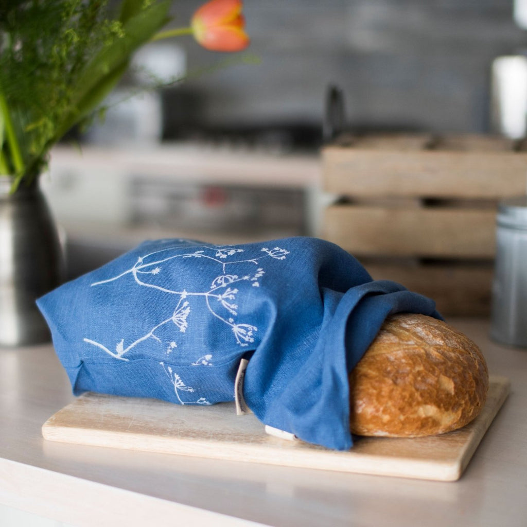 indigo blue linen bread bag hedgerow design